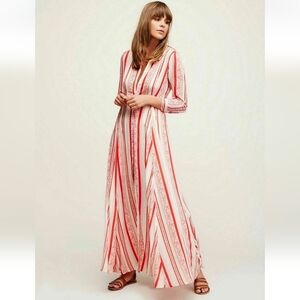 Free People After the Storm Maxi Dress Red Paisley Striped & Cream Size 4
